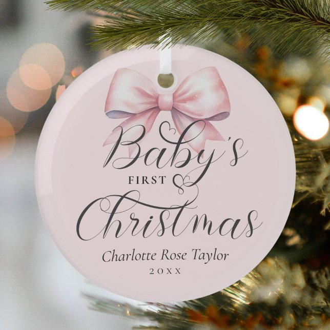 Baby's First Christmas Pink Bow Keepsake Glass Ornament (Creator Uploaded)
