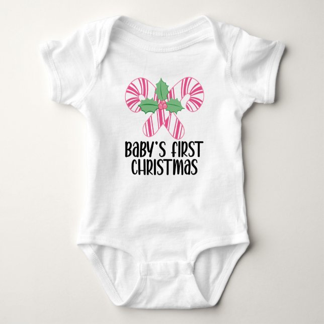 Babys First Christmas Pink Candy Canes Baby Bodysuit (Front)