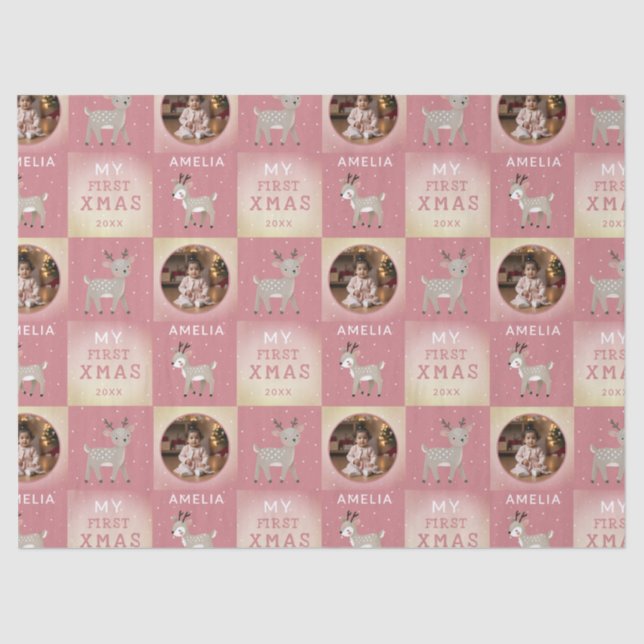 Baby's First Christmas Pink Deer Photo Tissue Paper (Front)