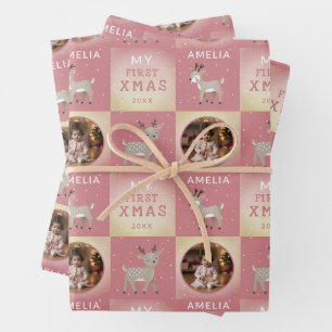 Baby's First Christmas Pink Deer Photo Wrapping Paper Sheets