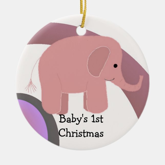 Baby's First Christmas Pink Elephant Ceramic Ornament (Front)