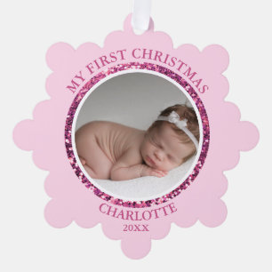 Baby's First Christmas Pink Girl Message & PHOTO Ornament Card