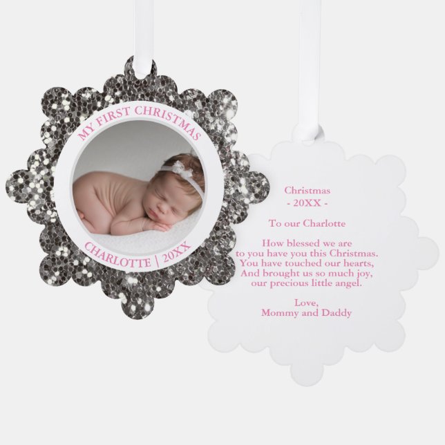 Baby's First Christmas Pink Girl | Message & PHOTO Ornament Card (Front/Back)