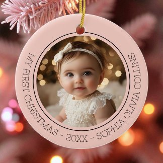 Baby's First Christmas Pink Modern 2 Photo Newborn Ceramic Ornament