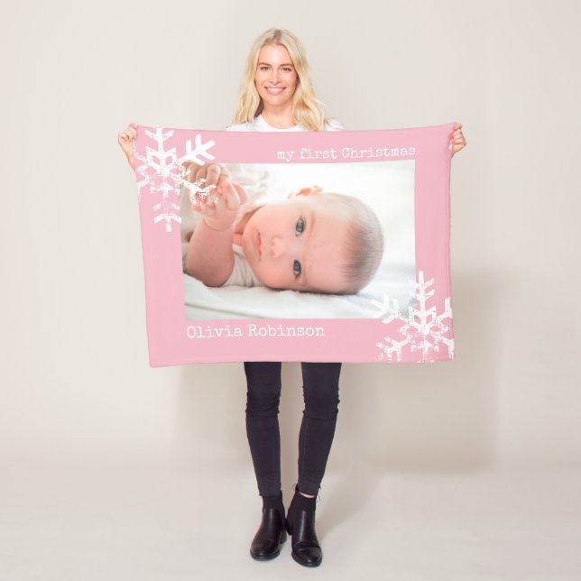 Baby's First Christmas Pink Photo with Snowflakes Fleece Blanket (In Situ)