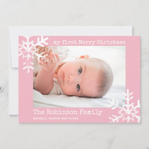 Babys First Christmas Pink Photo with Snowflakes Holiday Card