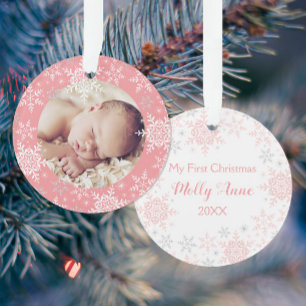 Baby's First Christmas Pink Silver Snowflakes Ornament