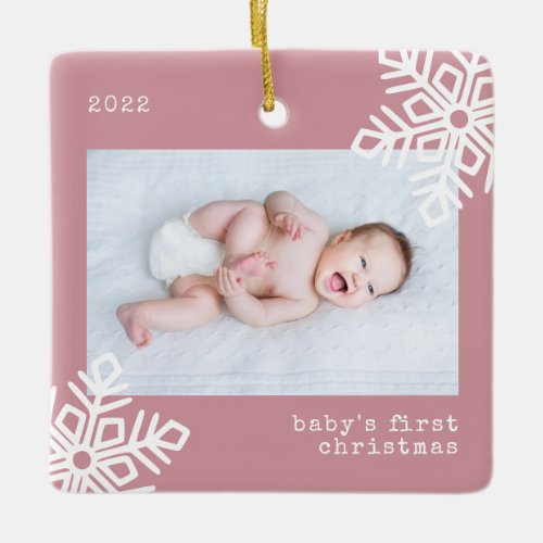  Babys First Christmas Pink Snowflake Photo  Ceramic Ornament