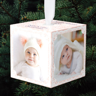 Baby's First Christmas Pink White Lace Multi Photo Cube Ornament