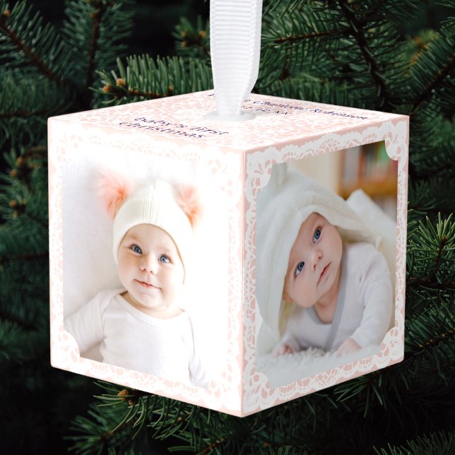 Baby's First Christmas Pink White Lace Multi Photo Cube Ornament (A pretty cube ornament in blush pink for baby's first Christmas, with four custom photos)