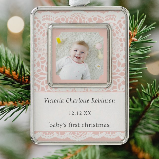 Baby's First Christmas Pink White Lace Photo Christmas Ornament (A personalized Christmas photo ornament for baby's first Christmas, in peach with white lace effect)