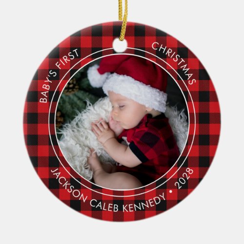 Babys First Christmas Plaid 2 Photo Ornament 