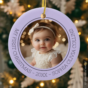 Baby's First Christmas Purple Modern Photo Newborn Ceramic Ornament