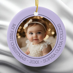 Baby's First Christmas Purple Modern Photo Newborn Ceramic Ornament