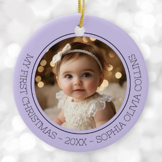 Baby's First Christmas Purple Modern Photo Newborn Ceramic Ornament