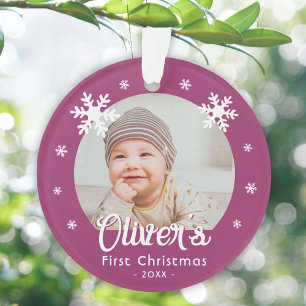 Baby's First Christmas Purple Snowflakes Photo Ornament