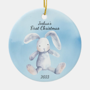 Baby's First Christmas Rabbit Blue Personalized Ceramic Ornament