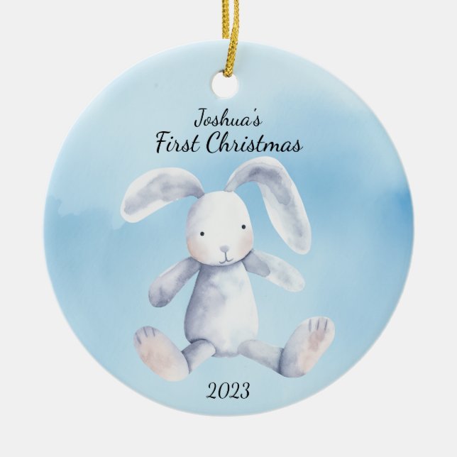 Baby's First Christmas Rabbit Blue Personalized Ceramic Ornament (Front)