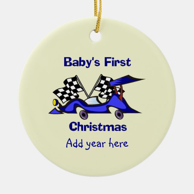 Babys First Christmas Racecar Ceramic Ornament (Front)
