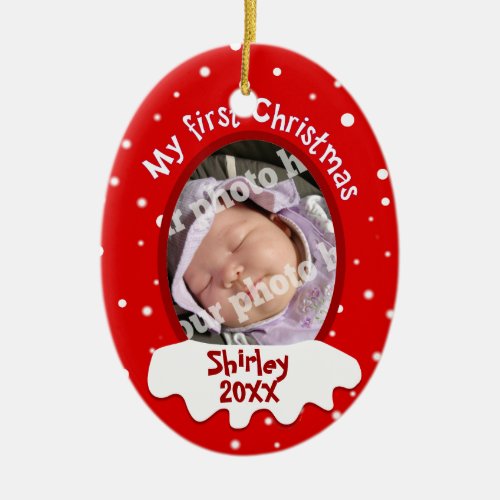 Babys First Christmas Red Add Your Picture Name Ceramic Ornament