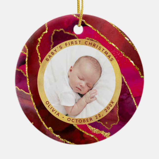 Baby's First Christmas | Red and Gold Geode Photo Ceramic Ornament (Front)