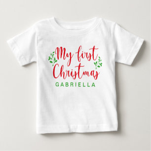 Baby's First Christmas Red and Green Calligraphy Baby T-Shirt