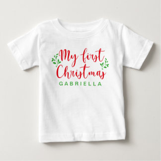 Baby's First Christmas Red and Green Calligraphy Baby T-Shirt