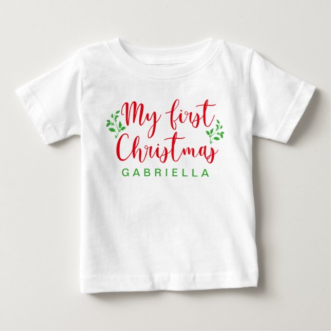 Baby's First Christmas Red and Green Calligraphy Baby T-Shirt (Front)