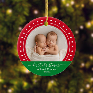 Baby's First Christmas Red and Green Dots Ceramic Ornament