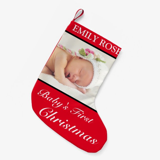 Baby's First Christmas Red Black Photo Christmas Small Christmas Stocking (Front (Hanging))