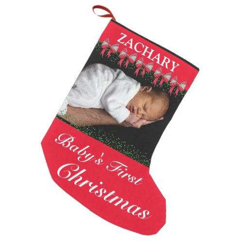 Babys First Christmas Red Bows  Photo Small Christmas Stocking