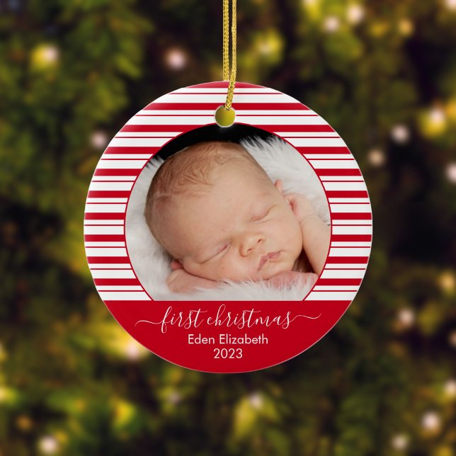 Baby's First Christmas Red Candy Cane Ceramic Ornament (Personalized Christmas Ornament)