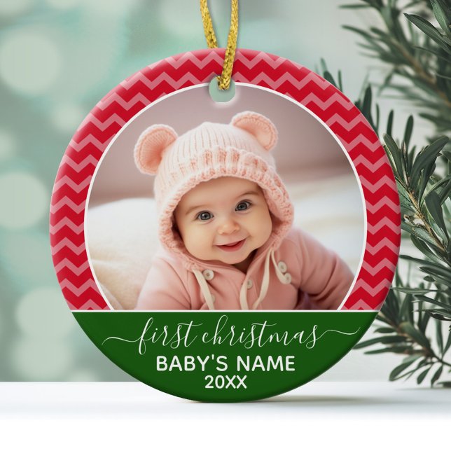 Babys First Christmas red chevrons and green photo Glass Ornament (Personalized Photo Ornament - Baby's First Christmas)