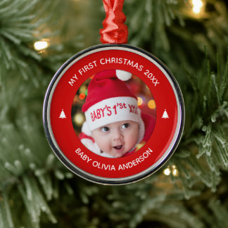 Baby's First Christmas Red Custom Keepsakes Photo Metal Ornament