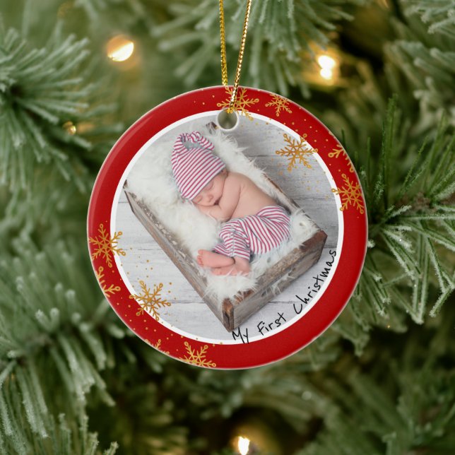 Babys First Christmas Red Gold Snowflakes Photo Ceramic Ornament (Tree)