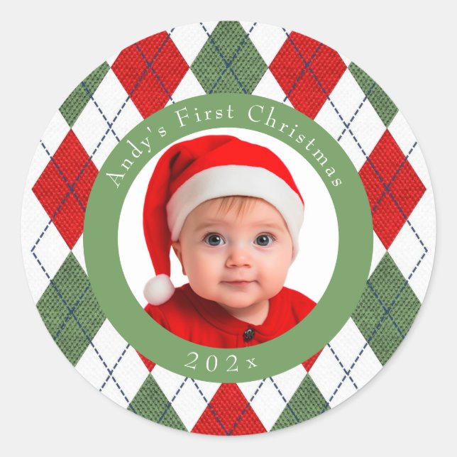 Baby's First Christmas Red Green Plaid Sticker (Front)