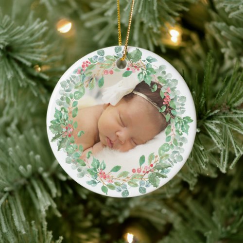 Babys First Christmas Red Green Wreath Photo Ceramic Ornament