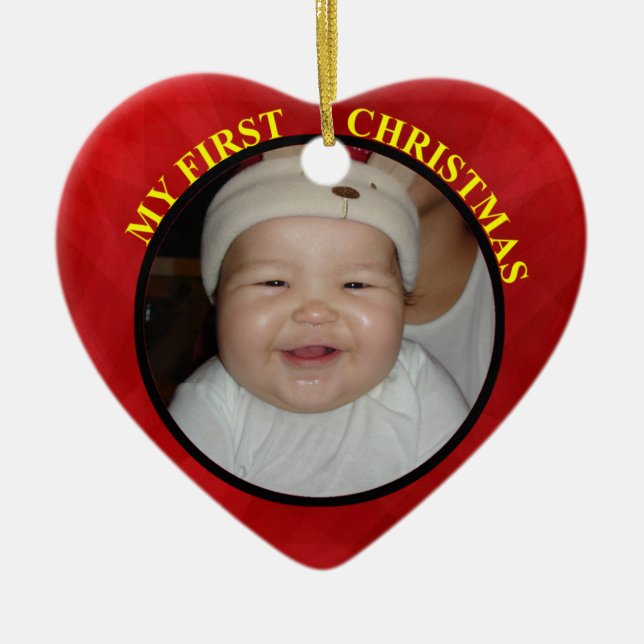 Baby's First Christmas Red Heart Photo Ornament (Front)