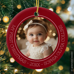 Baby's First Christmas Red Modern 2 Photo Newborn Ceramic Ornament