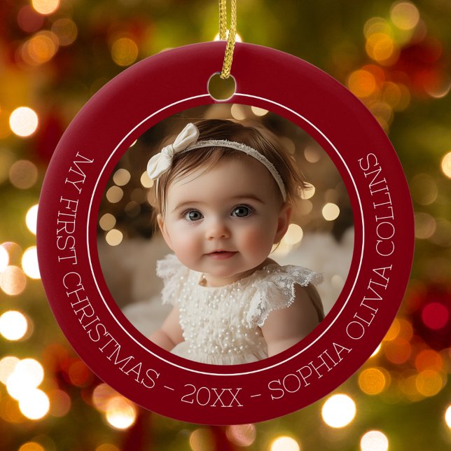 Baby's First Christmas Red Modern 2 Photo Newborn Ceramic Ornament (Baby's First Christmas Red Modern 2 Photo Newborn Ceramic Ornament)