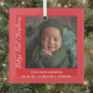 Babys First Christmas Red Photo Glass Ornament