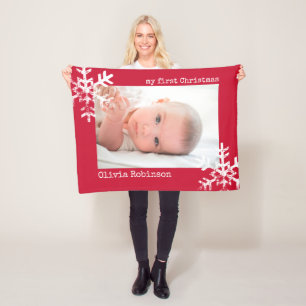 Baby's First Christmas Red Photo with Snowflakes Fleece Blanket