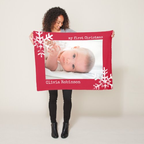 Babys First Christmas Red Photo with Snowflakes Fleece Blanket