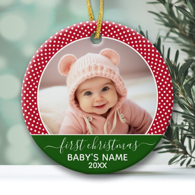 Babys First Christmas - Red Polka Dots Ceramic Ornament (Baby's First Christmas Photo Ornament - Red and Green)