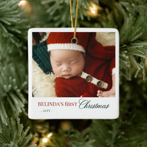 Baby's First Christmas Red Script Holiday Photo Ceramic Ornament