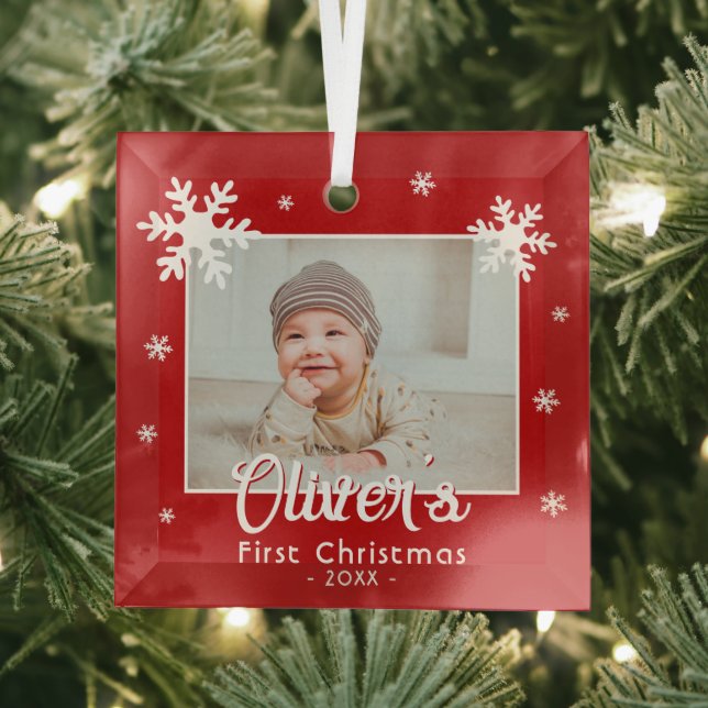 Baby's First Christmas Red Snowflakes Photo  Glass Ornament (Insitu)