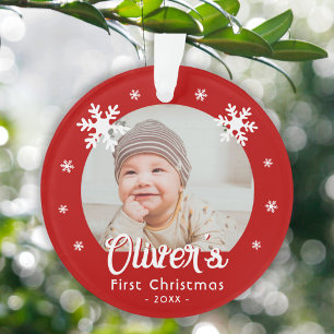 Baby's First Christmas Red Snowflakes Photo Ornament