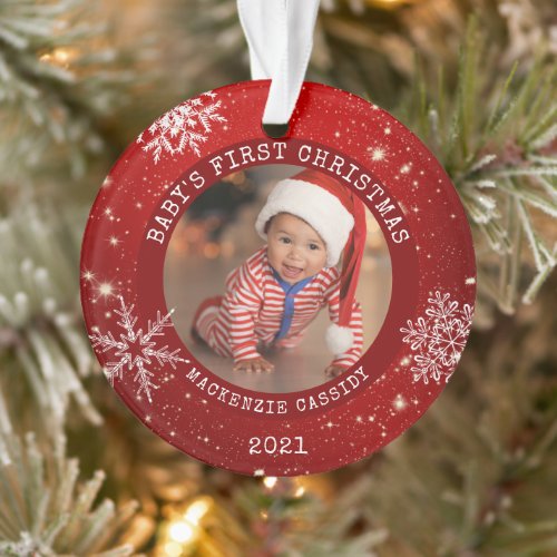 BABYS FIRST CHRISTMAS Red White Snowflake 2 Photo Ornament