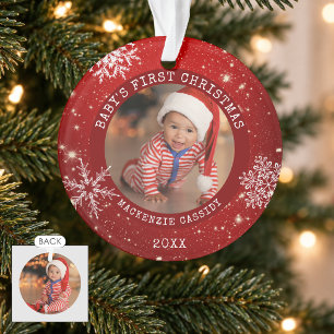 BABY'S FIRST CHRISTMAS Red White Snowflake 2 Photo Ornament