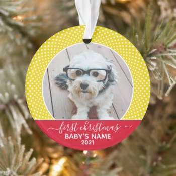 Baby's First Christmas - Red Yellow Polka Dot Ornament by MarshBaby at Zazzle